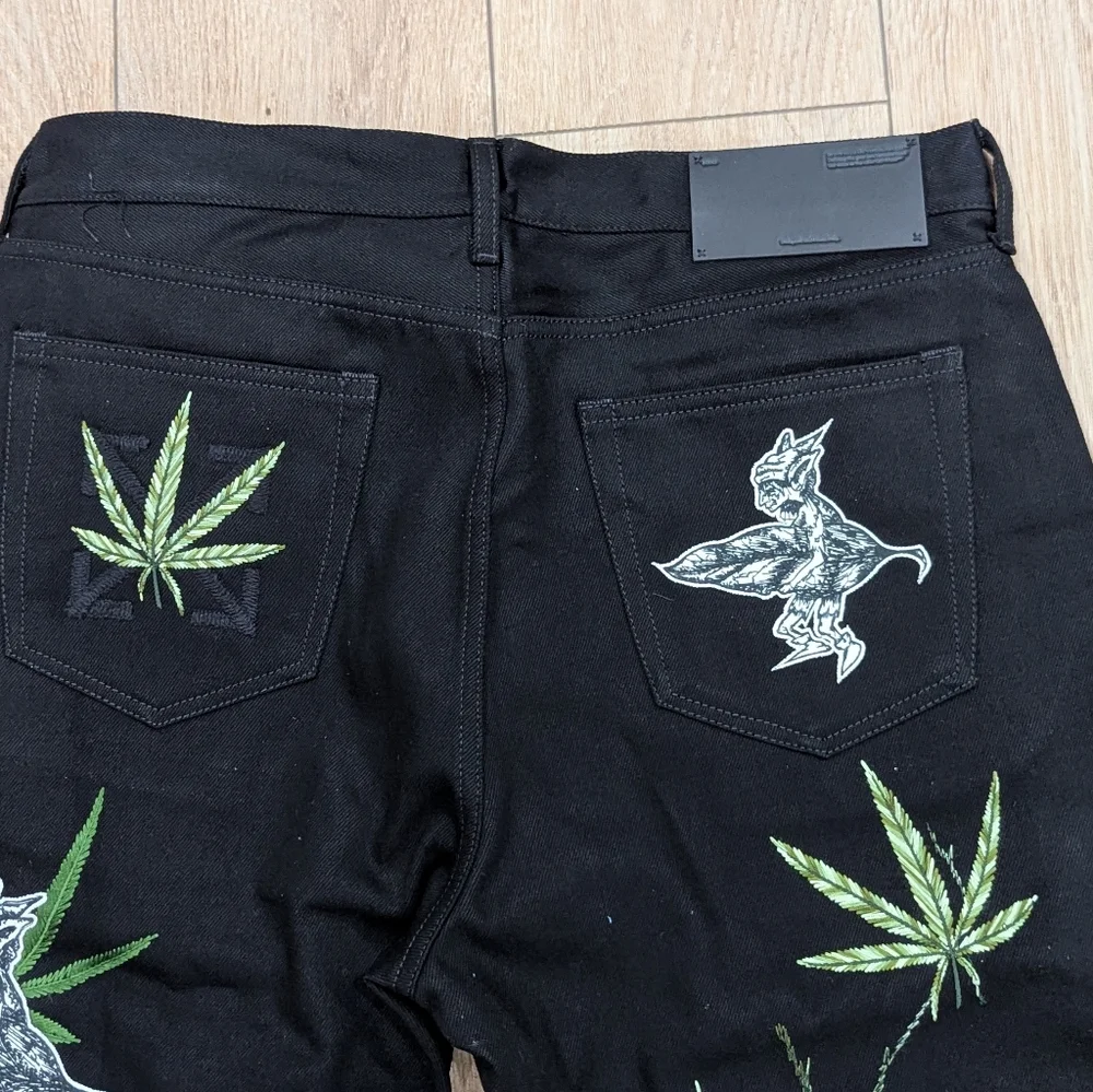 $2840 Mens OFF-WHITE Leaf Embroidered Logo Skate Fit Jeans Black 32 - Picture 6 of 12